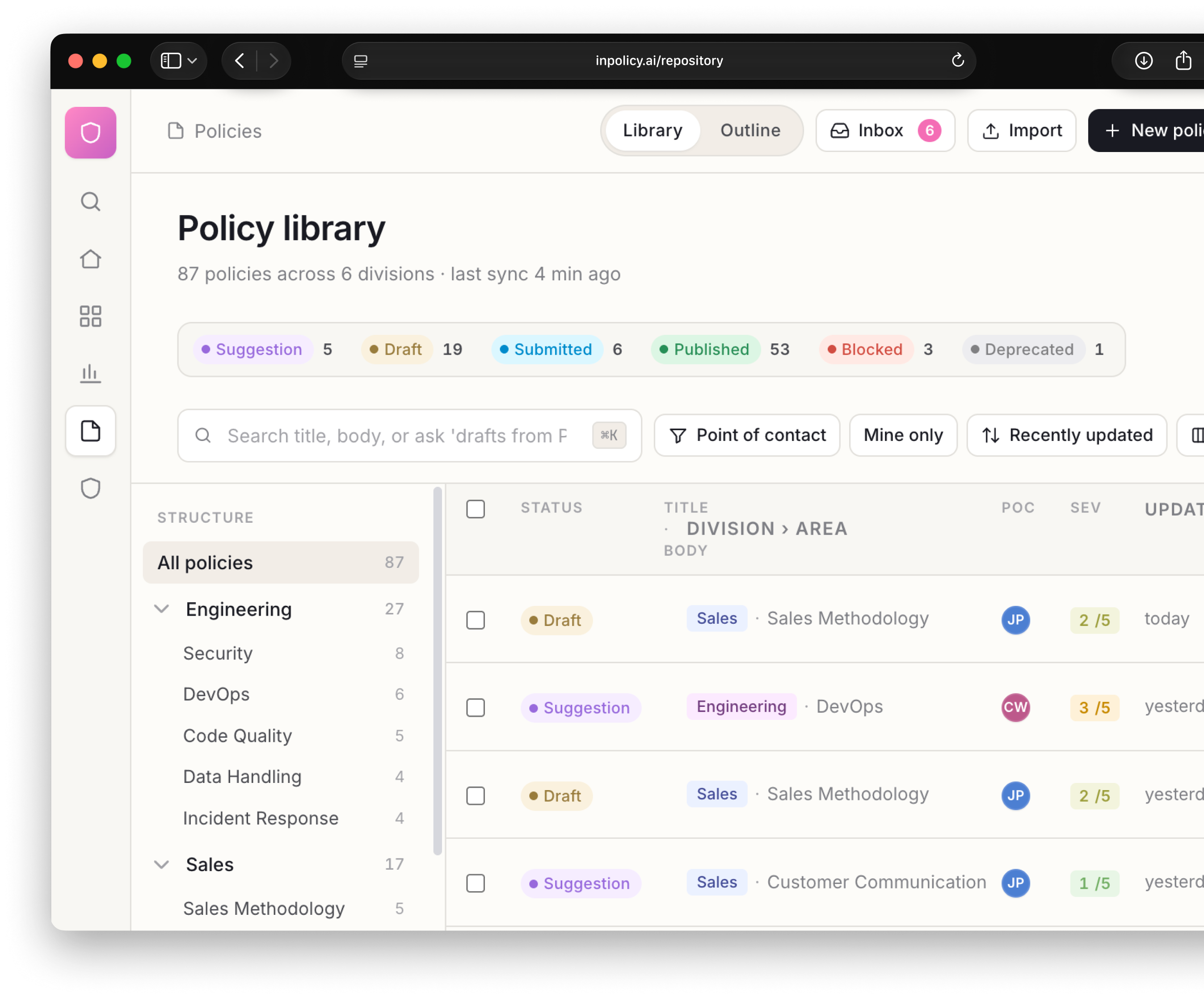 InPolicy dashboard showing policy enforcement metrics